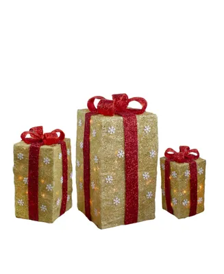 Northlight Lighted Tall Gold Tone Sisal Gi Boxes with Red Bows Christmas Outdoor Decor