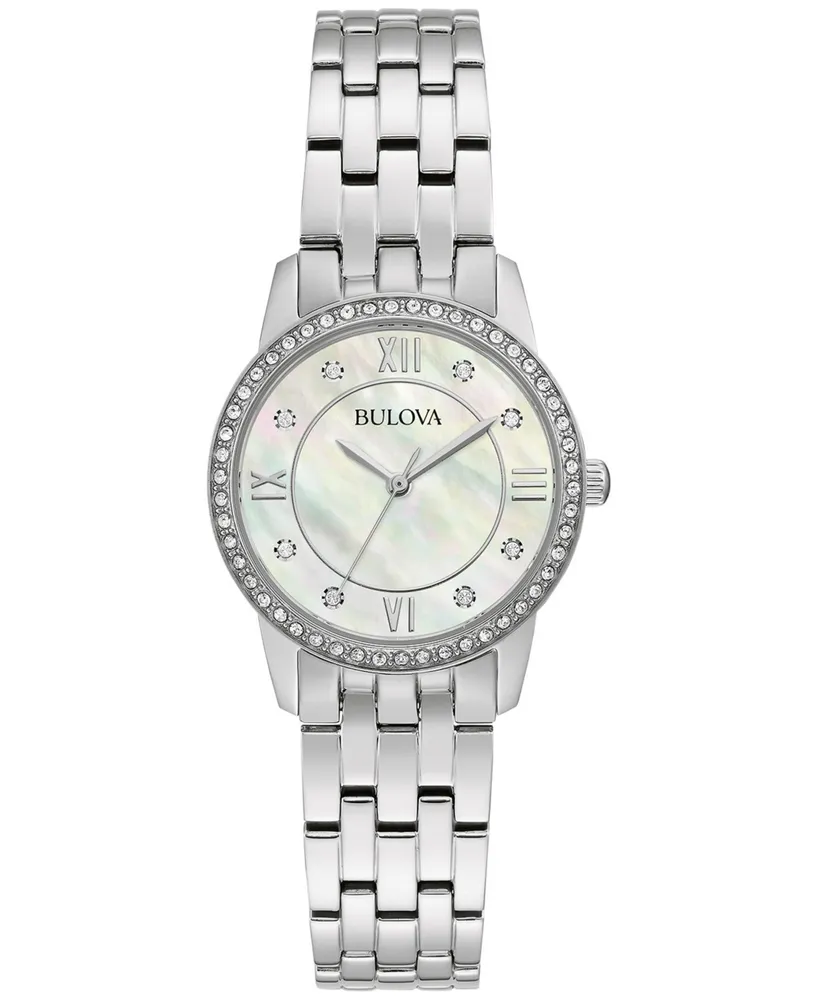 Bulova Women's Crystals Stainless Steel Bracelet Watch 27mm Box Set - Silver