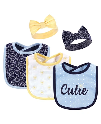 Hudson Baby Infant Girl Cotton Bib and Headband Set 5pk, Blue Daisy, One Size