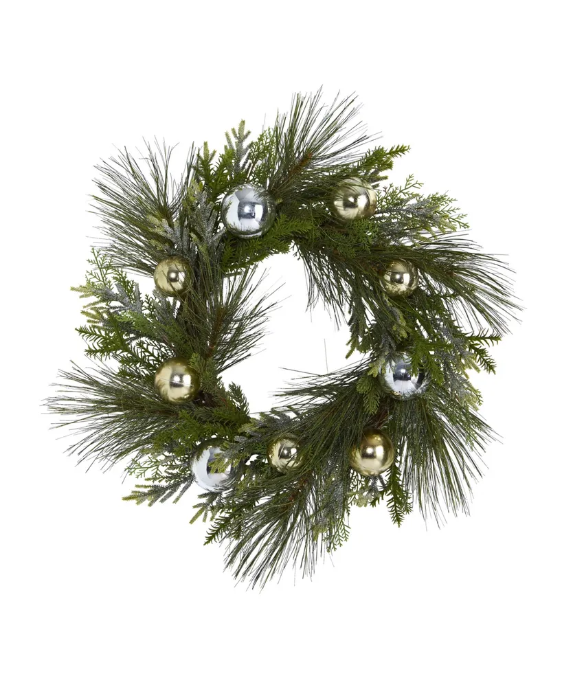Nearly Natural Sparkling Pine Artificial Wreath with Decorative Ornaments