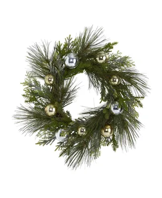 Nearly Natural Sparkling Pine Artificial Wreath with Decorative Ornaments