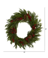 Nearly Natural Cypress with Berries and Pine Cones Artificial Wreath