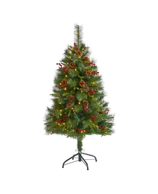 Nearly Natural Mixed Pine Artificial Christmas Tree with 100 Clear Led Lights, Pine Cones and Berries