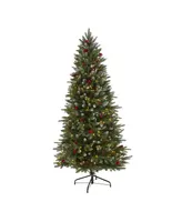 Nearly Natural Snow Tipped Portland Spruce Artificial Christmas Tree with Frosted Berries and Pinecones with 300 Clear Led Lights