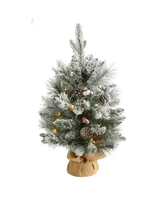 Nearly Natural Flocked Artificial Christmas Tree with 30 Clear Lights, 73 Bendable Branches, Pine Cones and Berries