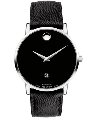 Movado Men's Swiss Automatic Museum Black Calfskin Leather Strap Watch 40mm