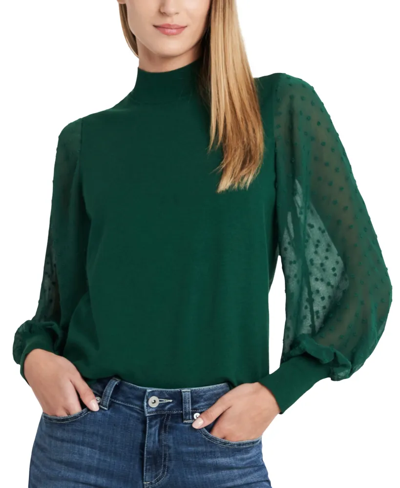 CeCe Women's Mock Neck Clip Dot Sheer Long Sleeve Sweater