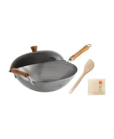 Joyce Chen Classic Series Uncoated Carbon Steel 4-Pc. Wok Set with Lid and Birch Handles