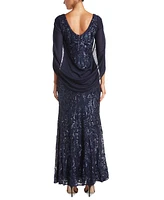 R & M Richards Sequin Drape-Back Cape Gown