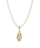 2028 Women's Gold Tone Pink and Yellow Porcelain Rose Imitation Pearl Drop Necklace