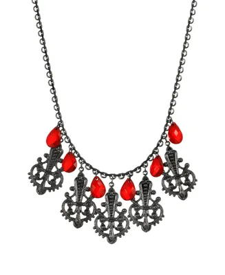 2028 Women's Black Tone Multi Filigree and Red Briolette Drop Necklace