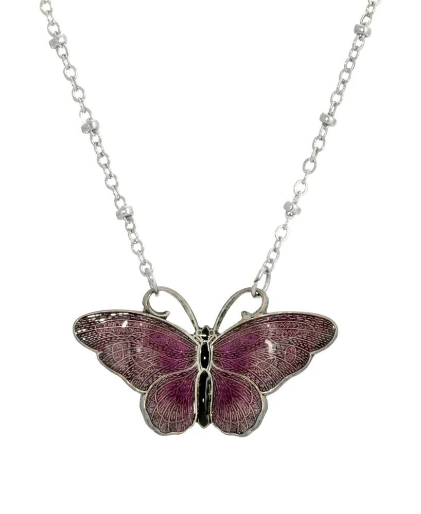 2028 Women's Silver Tone Purple and Black Enamel Butterfly Necklace