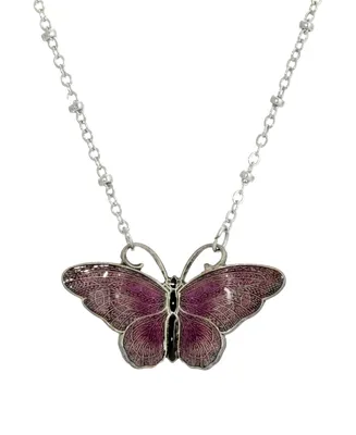 2028 Women's Silver Tone Purple and Black Enamel Butterfly Necklace