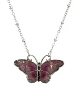 2028 Women's Silver Tone Purple and Black Enamel Butterfly Necklace