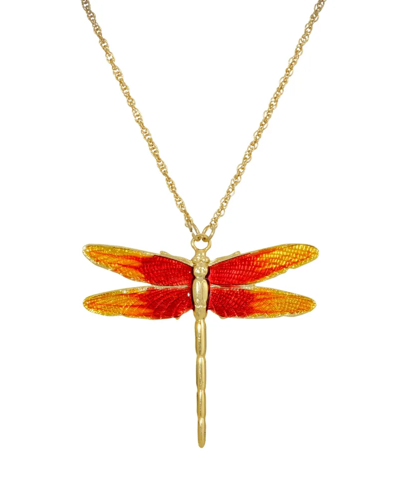 2028 Women's Gold Tone Orange Enamel Dragonfly Pendant Necklace