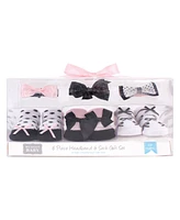 Hudson Baby Infant Girl Headband and Socks Giftset 6pc, Navy White, One