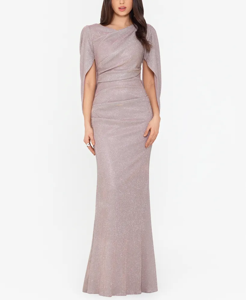 Betsy & Adam Glitter Drape-Back Cape Gown