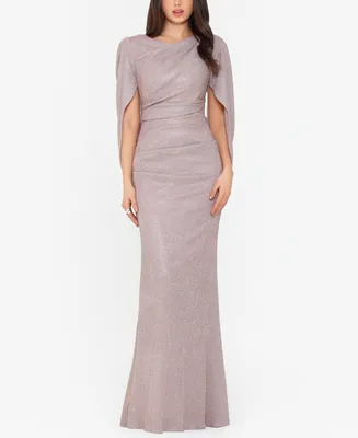 Betsy & Adam Glitter Drape-Back Cape Gown