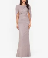 Betsy & Adam Glitter Drape-Back Cape Gown