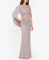 Betsy & Adam Glitter Drape-Back Cape Gown