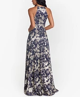 Betsy & Adam Metallic Floral Halter Gown