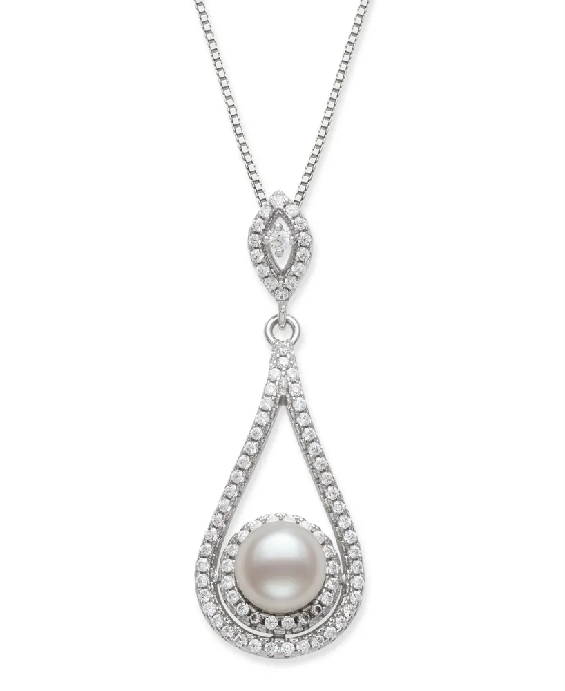 Cultured Freshwater Pearl 6.5-7mm and Cubic Zirconia Drop Pendant in Sterling Silver with 18" Chain