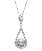 Cultured Freshwater Pearl 6.5-7mm and Cubic Zirconia Drop Pendant in Sterling Silver with 18" Chain