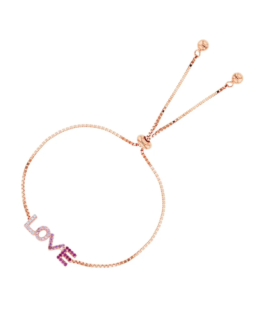 Cubic Zirconia Micro Pave Love Adjustable Bolo Bracelet Sterling Silver (Also 14k Rose Gold Over Silver)