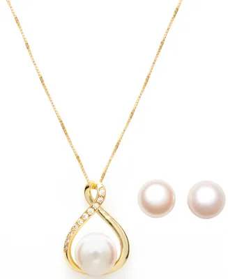 Cultured Freshwater (10-11mm) Pearl Infinity Pendant and Stud Set in 18k Gold over Sterling Silver