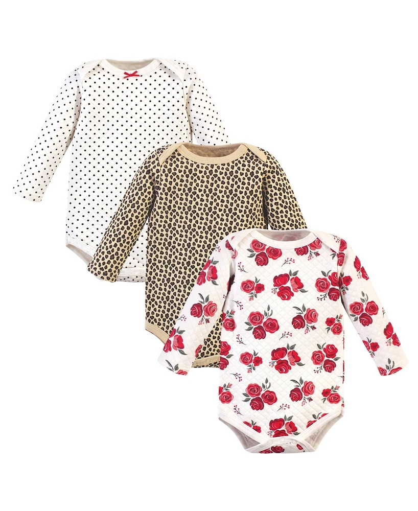 Hudson Baby Baby Girls Quilted Long-Sleeve Cotton Bodysuits 3pk, Rose Leopard