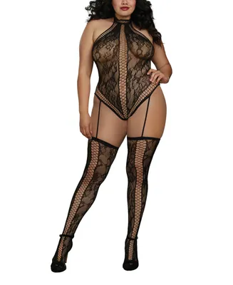 Dreamgirl Women's Plus Size Lace Teddy Body Stocking Lingerie with Attached Garters and Stockings