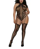 Dreamgirl Women's Plus Size Lace Teddy Body Stocking Lingerie with Attached Garters and Stockings