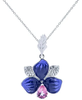 Pink Topaz (1 ct.t.w) and Enamel Flower Pendant Necklace in Sterling Silver