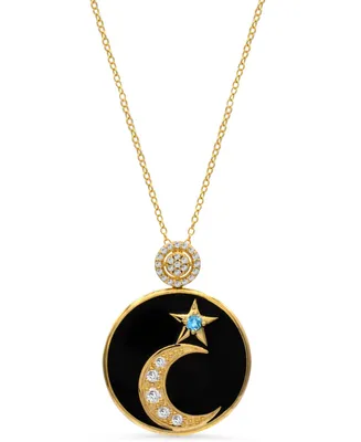 Women's 14K Gold Plated Celestial Moon Star Pendant Necklace Medallion in Sterling Silver