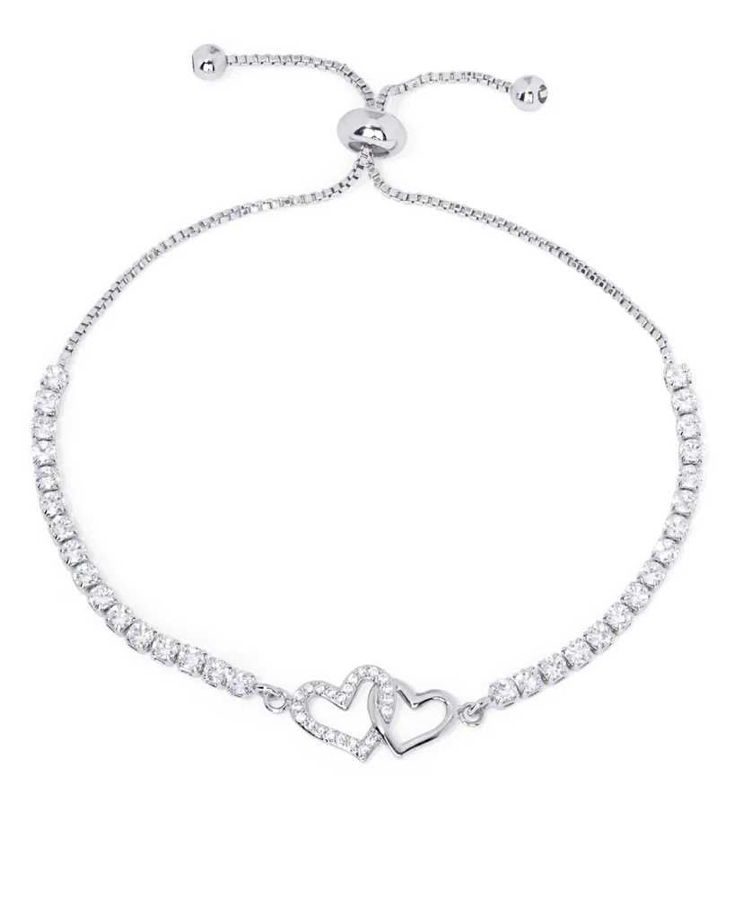 Cubic Zirconia Linked Hearts Adjustable Bolo Bracelet in Silver Plate