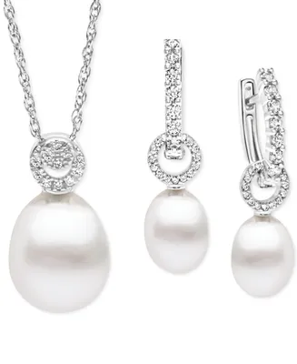 2-Pc. Set Cultured Freshwater Pearl (9-10mm) & White Zircon (1-3/8 ct. t.w.) Pendant Necklace & Drop Earrings in Sterling Silver