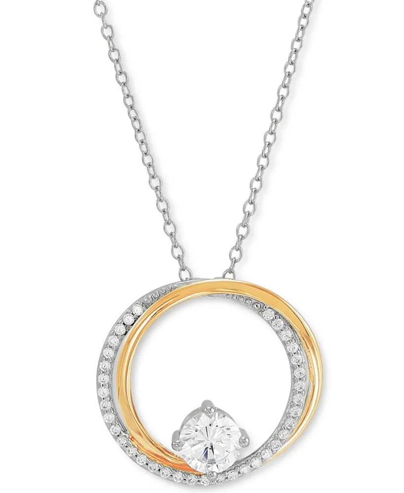 Cubic Zirconia Double Circle 18" Pendant Necklace in Sterling Silver & 14k Gold-Plate