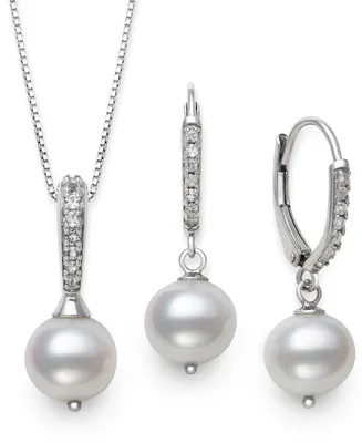 Belle de Mer 2-Pc. Set Cultured Freshwater Pearl (7-1/2mm) & Cubic Zirconia Pendant Necklace & Matching Drop Earrings in Sterling Silver