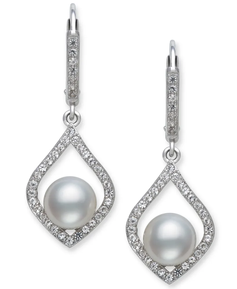 Cultured Freshwater Pearl (7mm) & Cubic Zirconia Drop Earrings in Sterling Silver