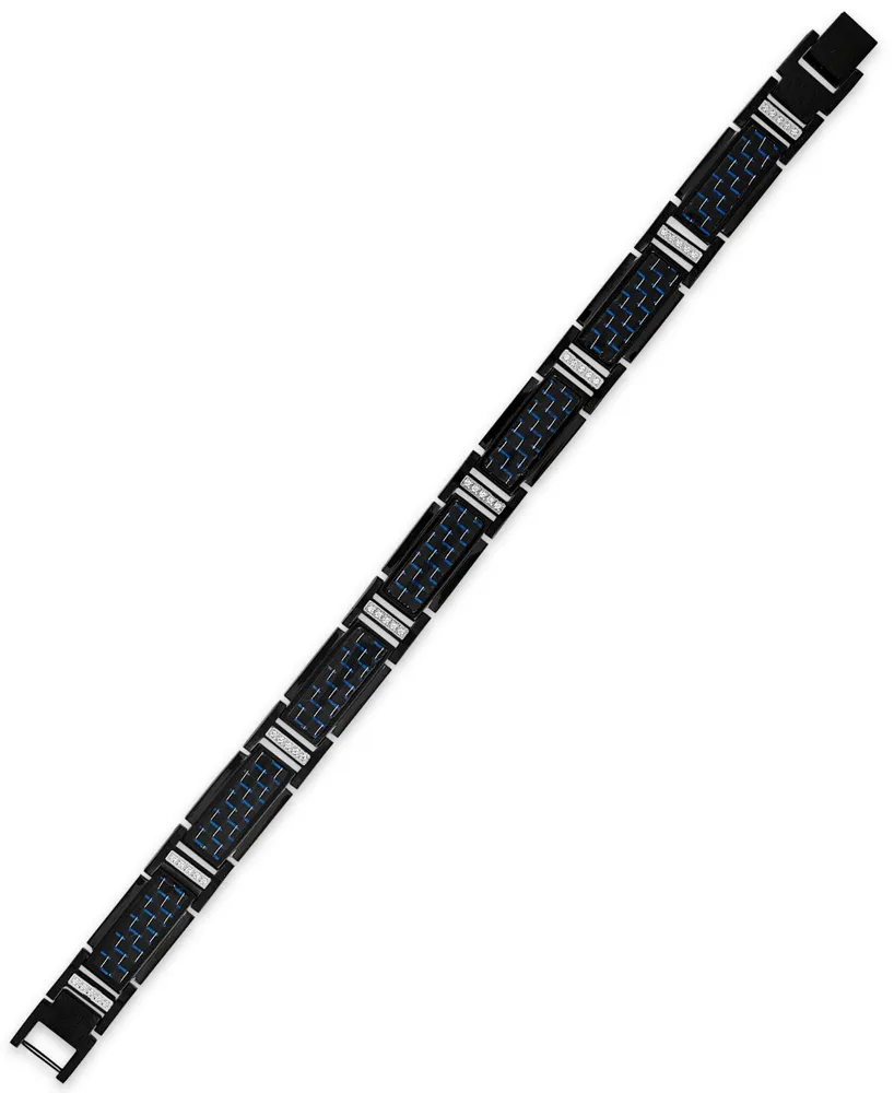 Esquire Men's Jewelry Diamond (1/5 ct. t.w.) & Blue Carbon Fiber Link Bracelet in Black Ion-Plated Stainless Steel, Created for Macy's