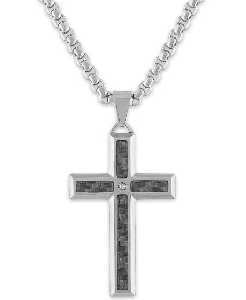 Men's Diamond Accent Gray Carbon Fiber Cross 24" Pendant in Stainless Steel