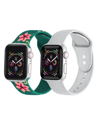 Men's and Women's Green Floral Silver-Tone Metallic 2 Piece Silicone Band for Apple Watch 42mm
