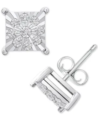 Men's Diamond Cluster Miracle Plate Square Stud Earrings (1/4 ct. tw) in Sterling Silver