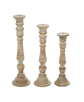 Set of 3 Brown Mango Wood Traditional Candle Holder, 24", 21", 17"