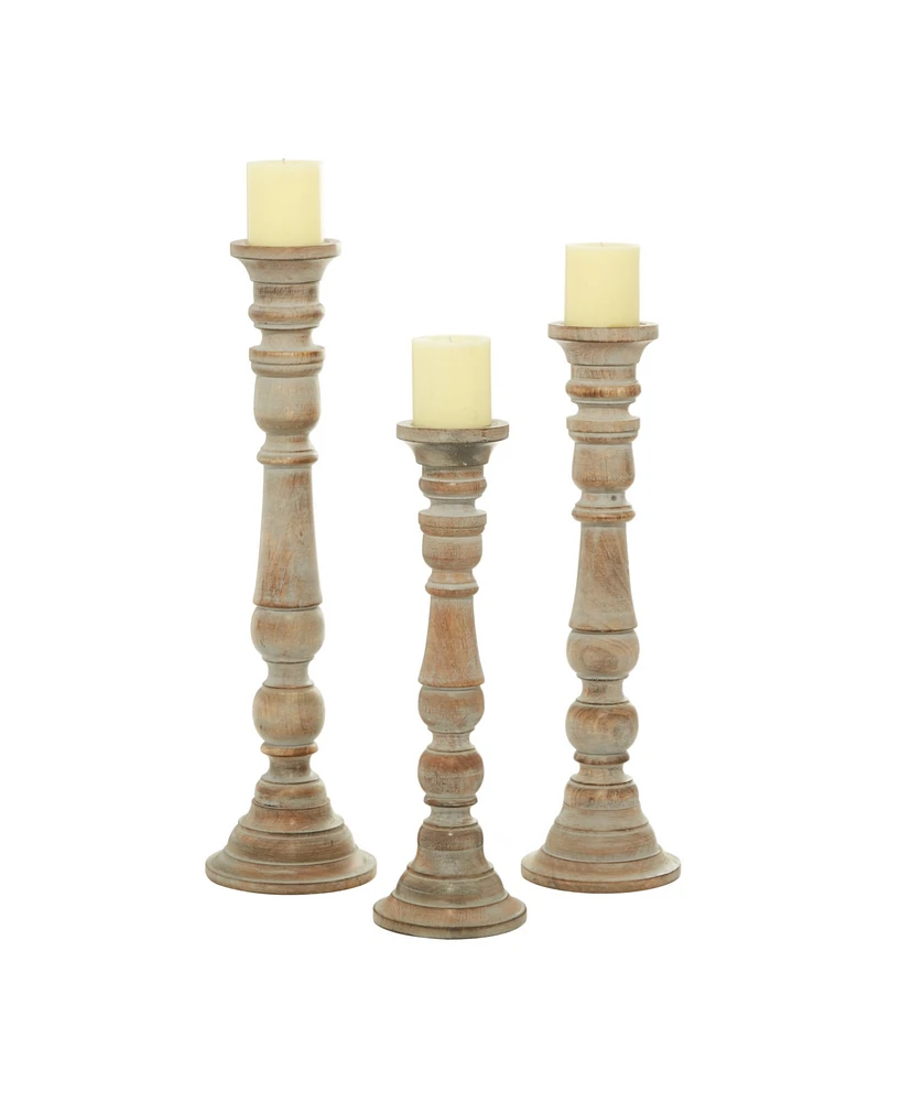 Set of 3 Brown Mango Wood Traditional Candle Holder, 24", 21", 17"