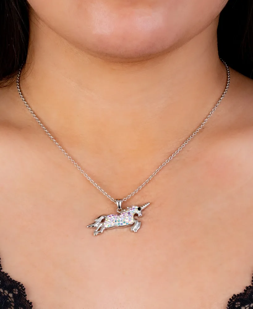 Crystal Unicorn Pendant 16+2" Extender Chain In Silver Plated