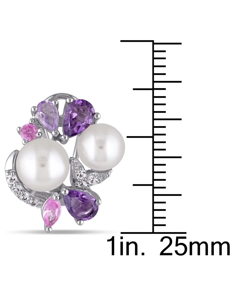 Cultured Freshwater Pearl (6-1/2 & 7-1/2mm) & Multi-Gemstone (2-3/4 ct. t.w.) Cluster Stud Earrings in Sterling Silver