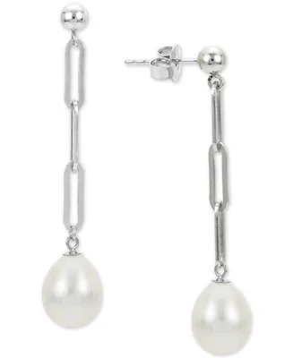 Cultured Freshwater Pearl (9mm) Paperclip Chain Drop Earrings in Sterling Silver