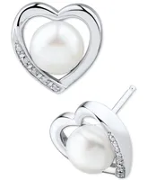 2-Pc. Set Cultured Freshwater Pearl (7-8mm) & Diamond Accent Heart Pendant Necklace & Matching Stud Earrings in Sterling Silver