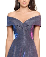 Xscape Women's Off-The-Shoulder Shimmer Wrap Style Gown